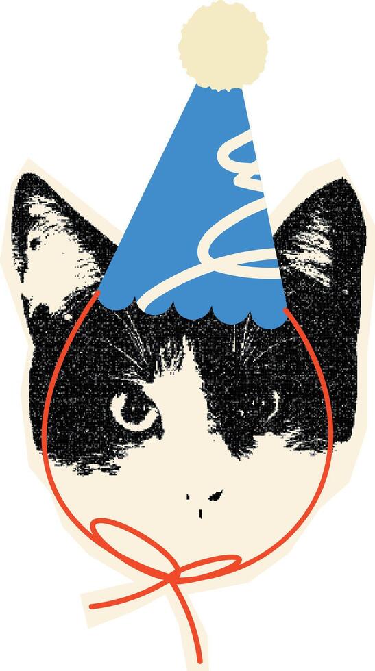 Funny Quirky Cat in Party Hat. Sticker with Vintage Texture. vector