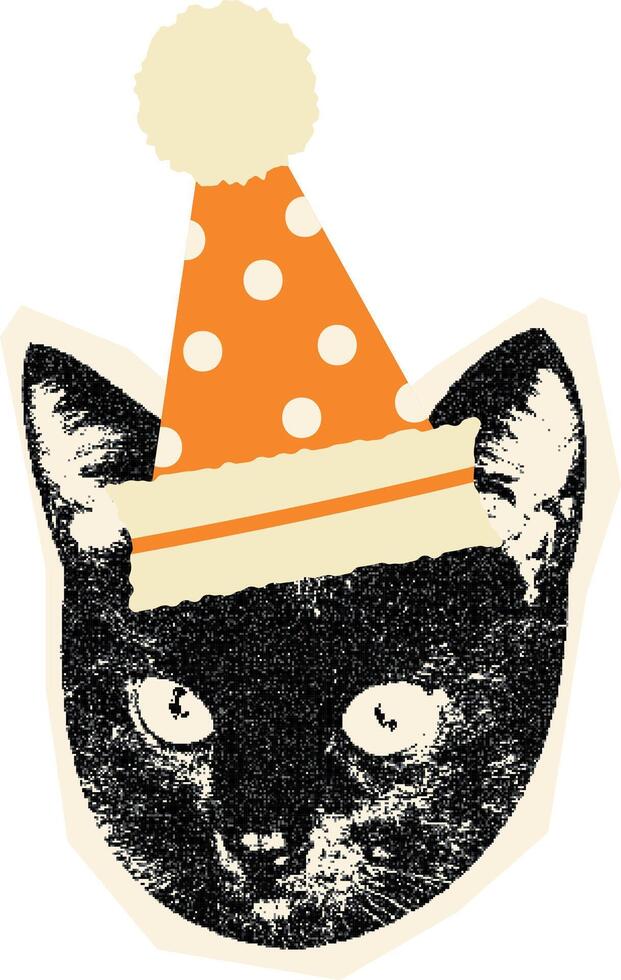 Funny Pixel Cat in Party Hat. Festive Sticker with Vintage Texture. vector