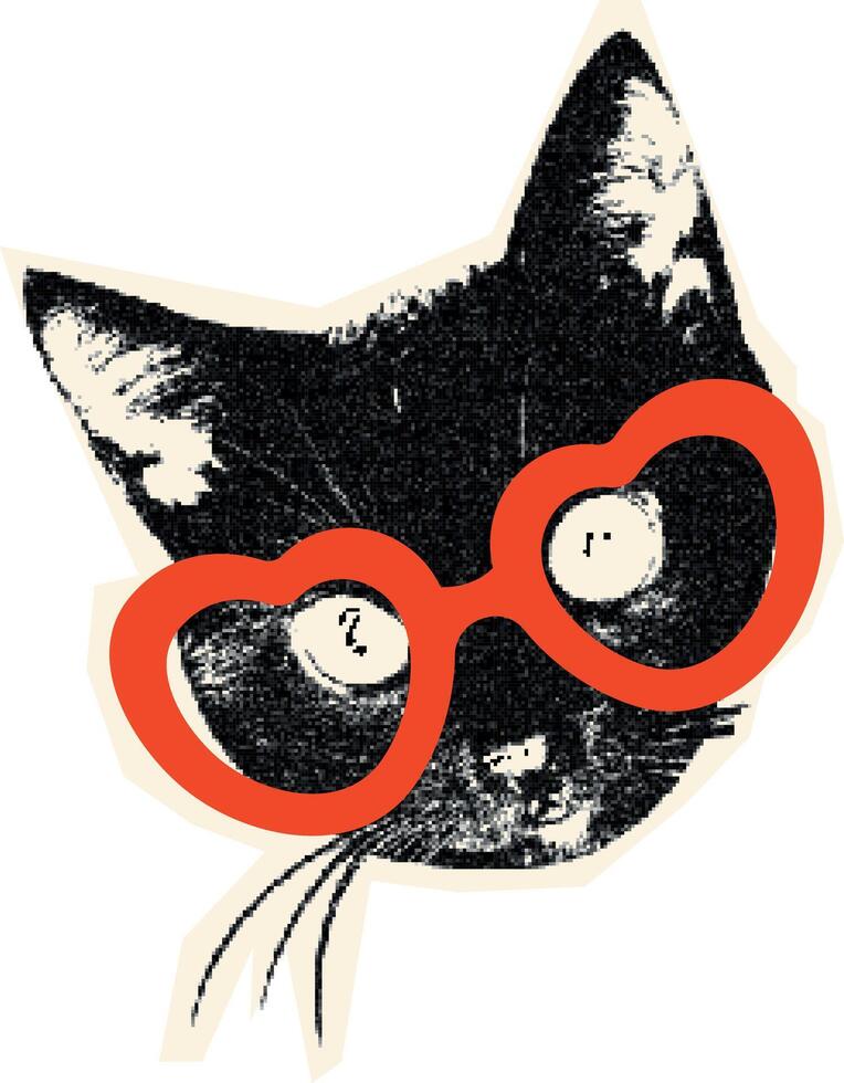 Pixel Cat in Party Glasses. Cutout Sticker with Vintage Texture. vector