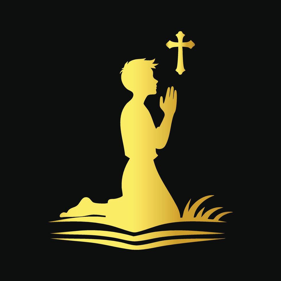 prayer boy with cross illustration vector