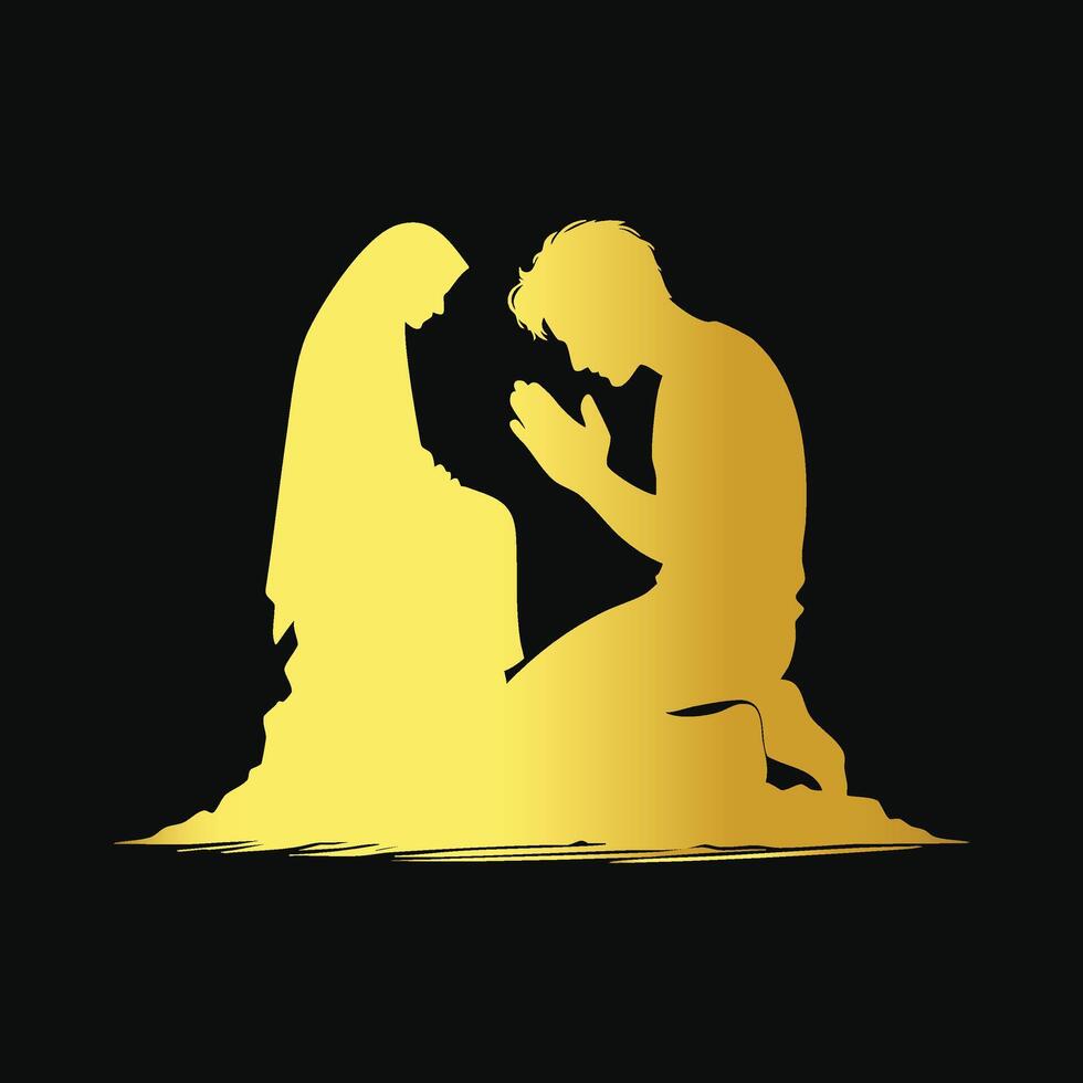 the man and woman are kneeling in front of a gold statue vector