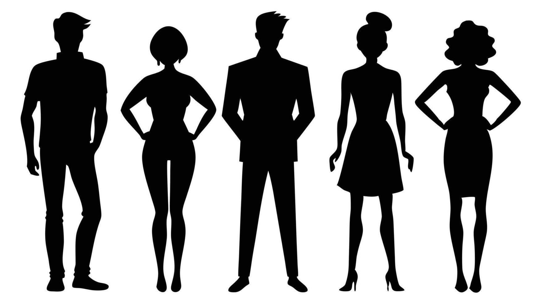 Silhouette of five people standing together casual and formal wear vector