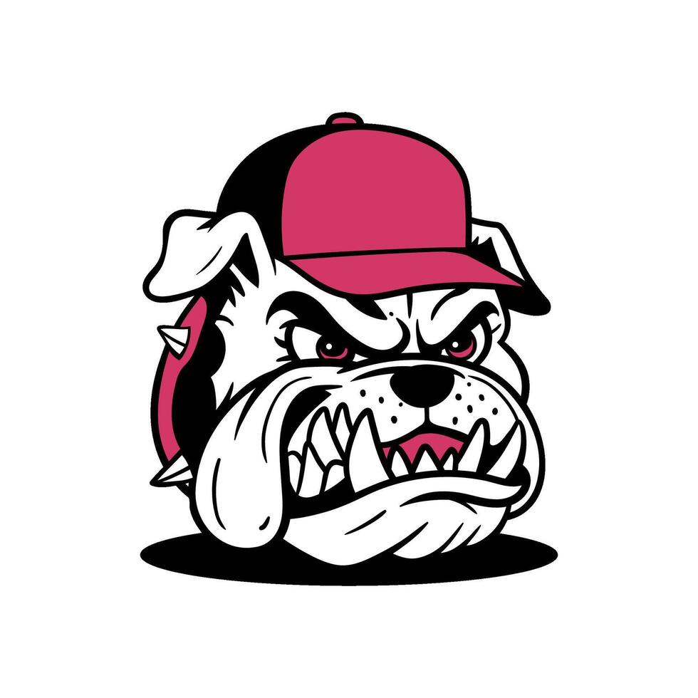 Bulldog illustration with a snarling expression, wearing a red baseball cap and a spiked collar vector