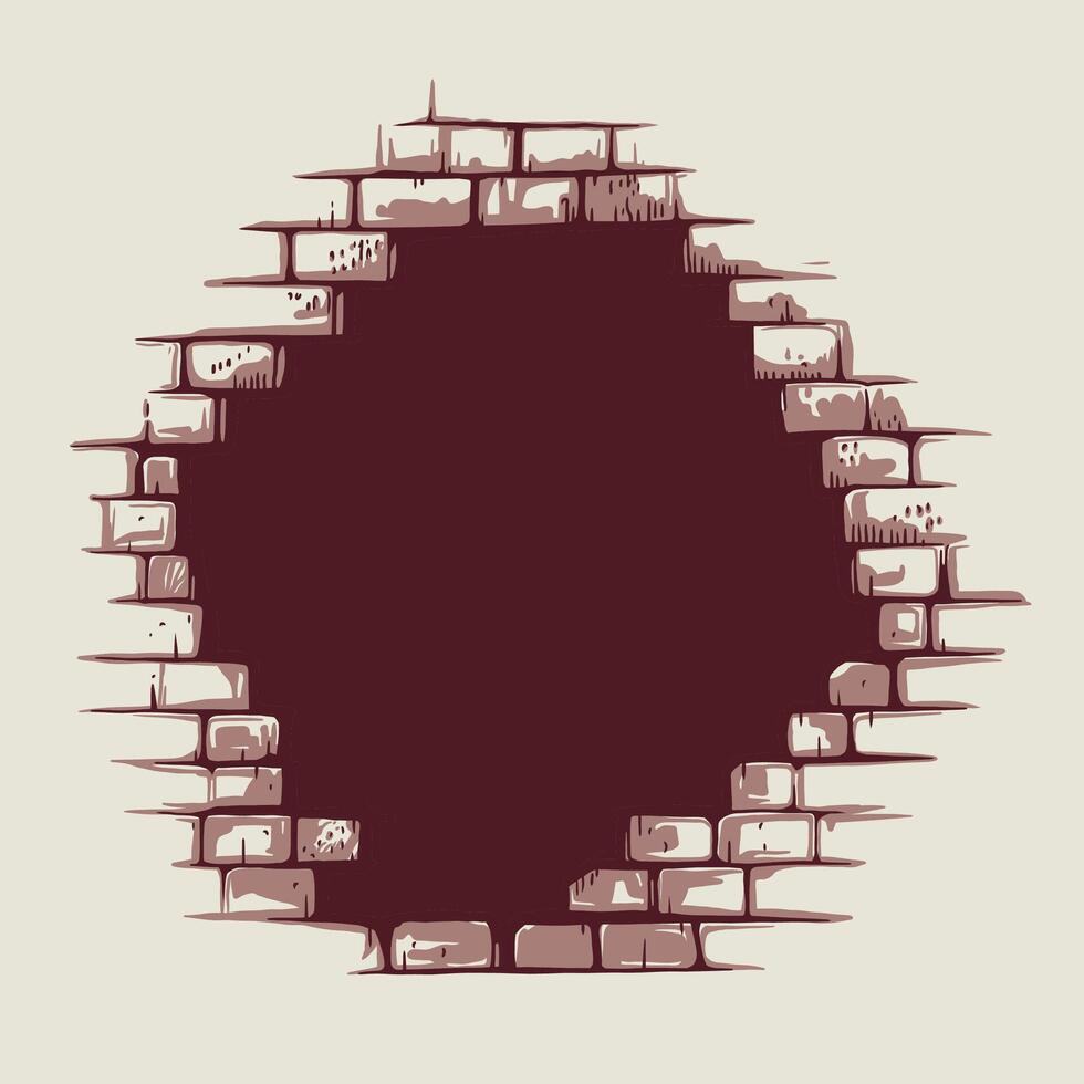 Wall with a prominent hole, showcasing realistic brick patterns and a contrasting empty center vector