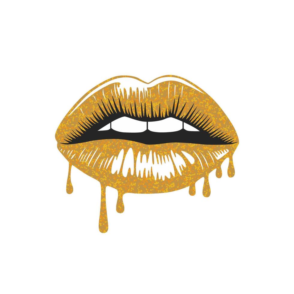 Glossy lips coated in shimmering gold glitter, featuring a captivating dripping effect vector