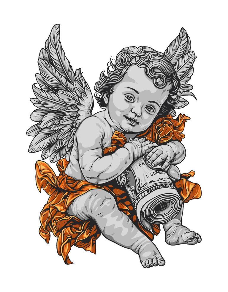 A cherubic angel holding a rolled-up scroll, with the text ANGEL'S BLESSING OF ABUNDANCE beneath vector