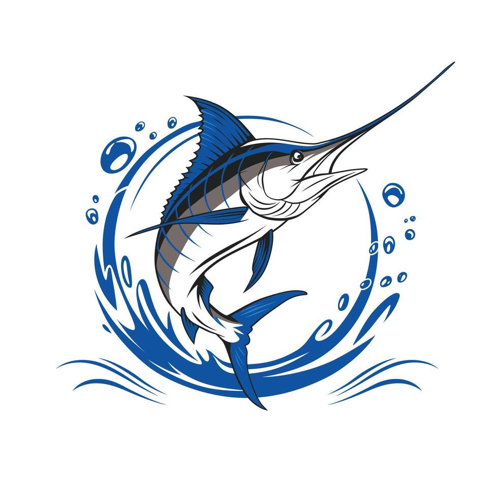 Illustration of a marlin fish leaping out of the water, surrounded by splashes and bubbles vector