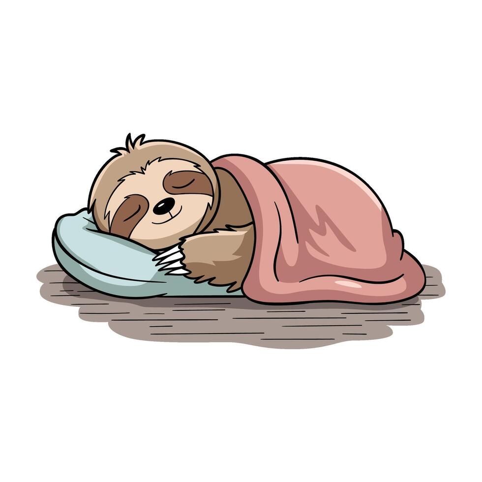 A cute cartoon sloth peacefully sleeping on a blue pillow, wrapped in a cozy pink blanket vector