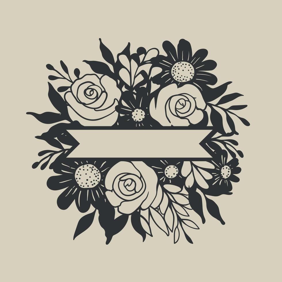 Graceful wreath design showcasing roses and daisies, complemented by a blank ribbon banner vector