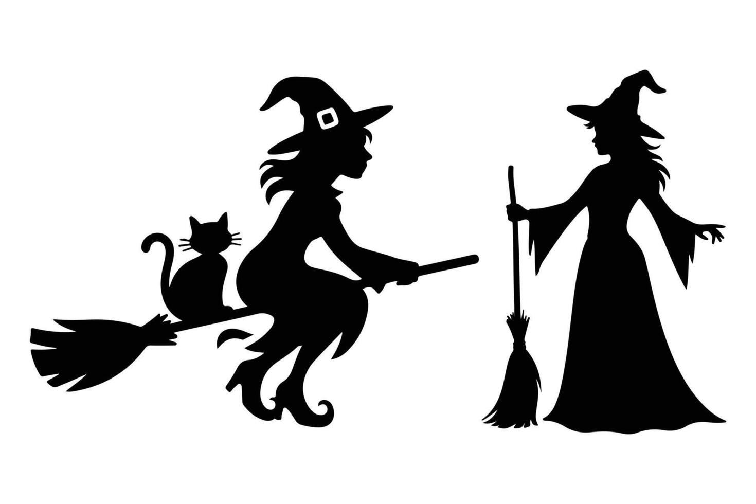 Two Witches on Brooms with Black Cats Silhouettes vector
