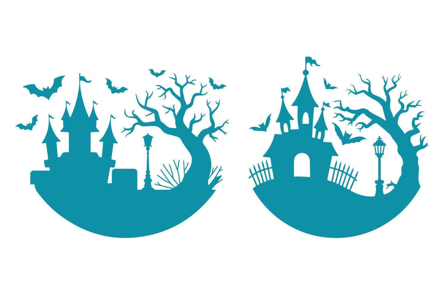 Spooky Halloween Castle Silhouettes in Teal Circles vector