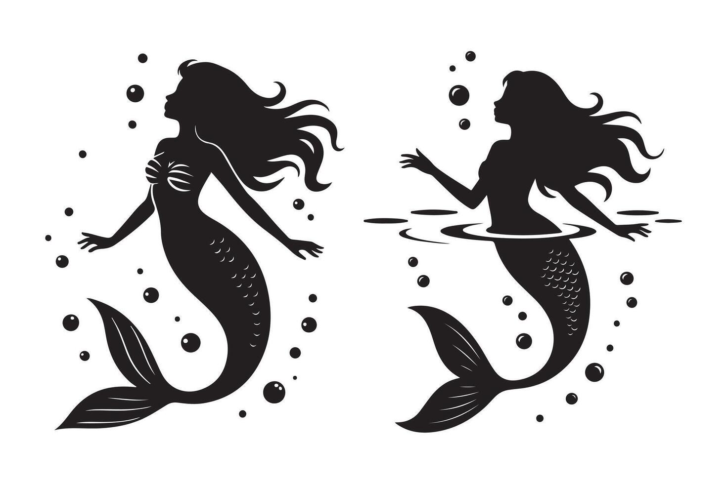 Elegant Black and White Silhouette of Two Mermaids in Underwater Setting vector