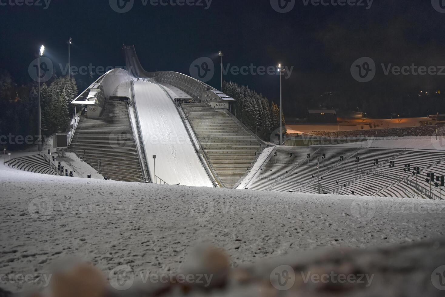 Illuminated Ski Jump Ramp at Night at holmenkollen photo