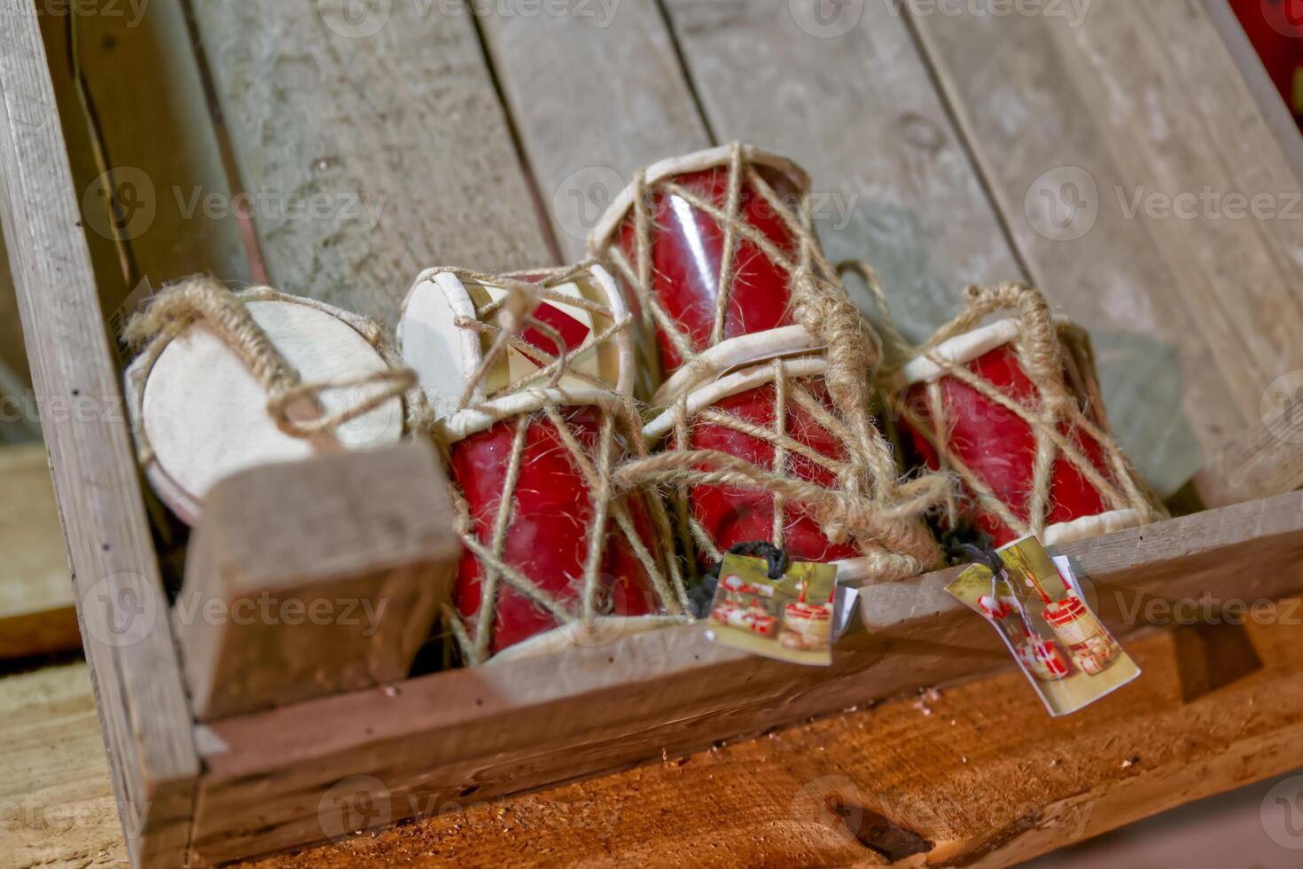 Rustic Decorative Drums in Wooden Crate photo