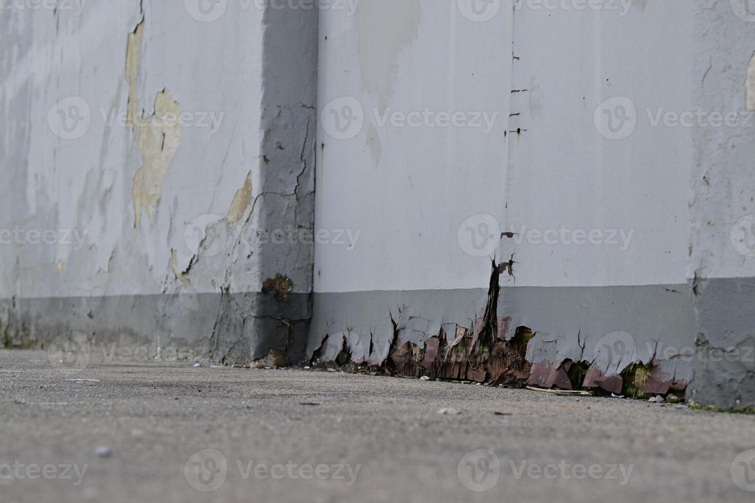 Close-up of a weathered wall with a built-up double door with peeling paint and moisture damage photo
