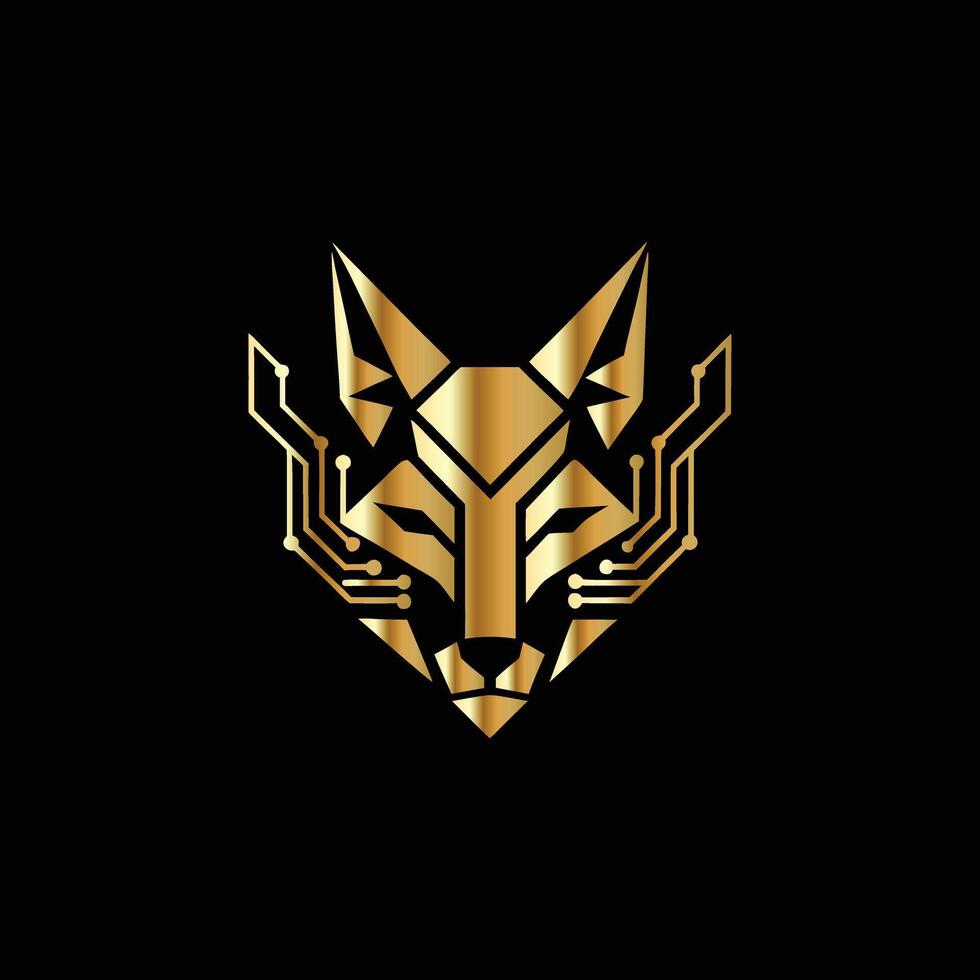 the golden fox logo on a black background. Technology Monogram design template. vector