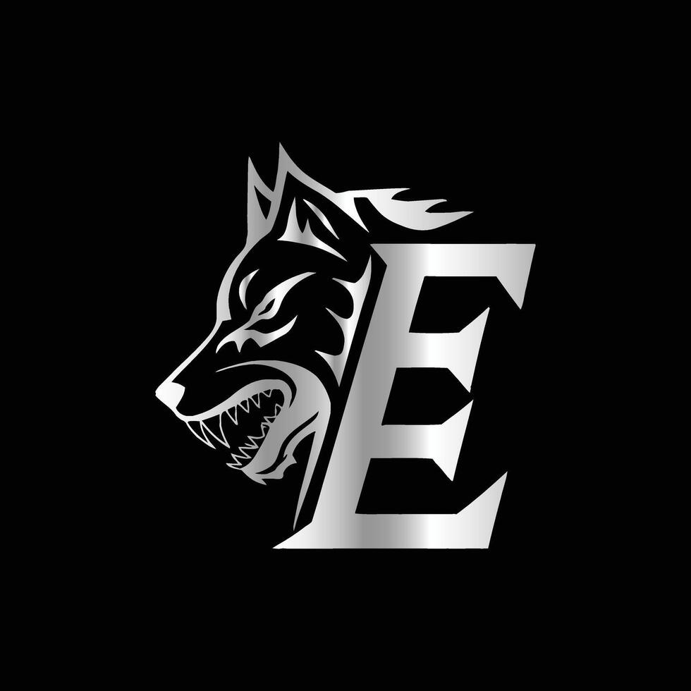 the letter e is shown in silver on a black background vector