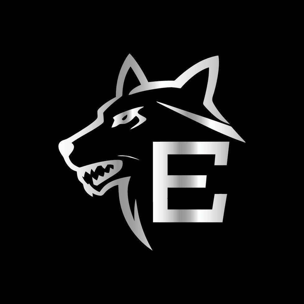 the letter e is in the middle of a wolf head . vector