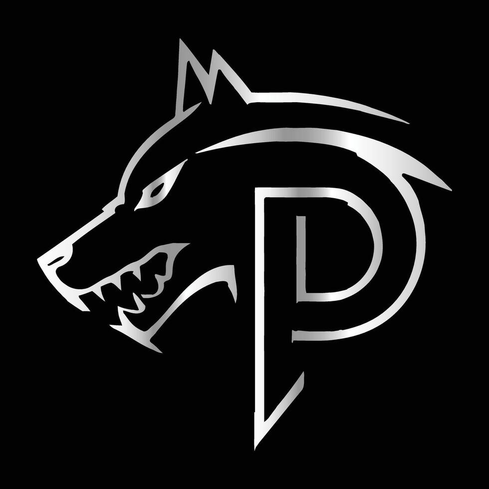 the letter p is shown in silver on a black background vector