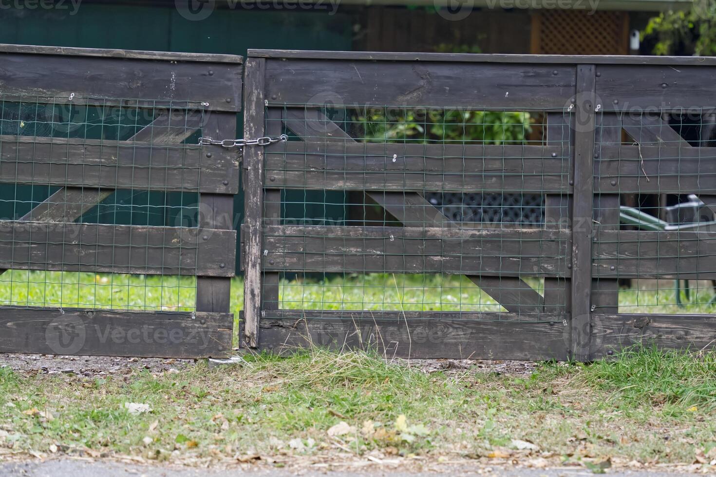 Rustic Wooden Fence with Chain Lock in Grassy Area photo
