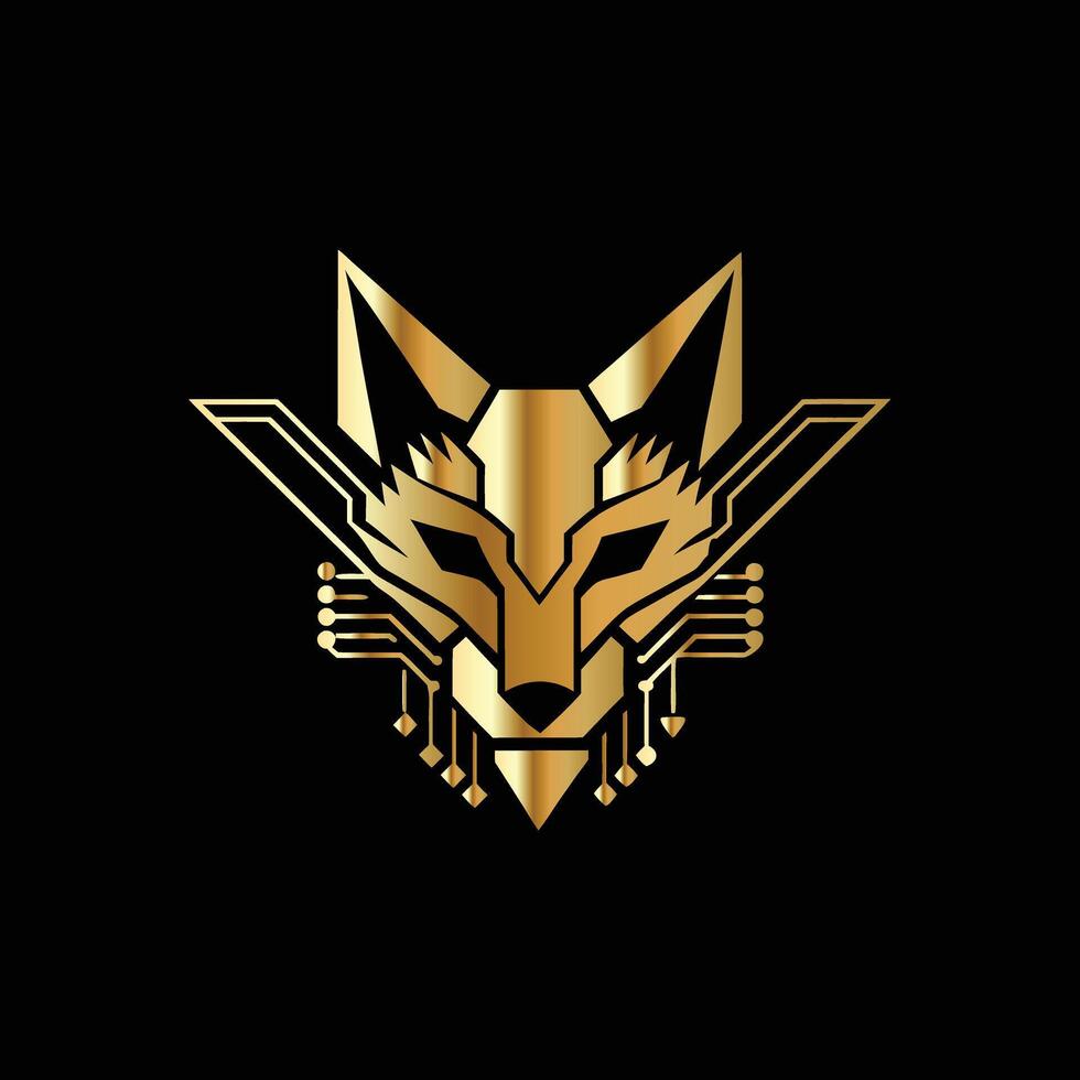 the golden fox logo on a black background. Technology Monogram design template vector