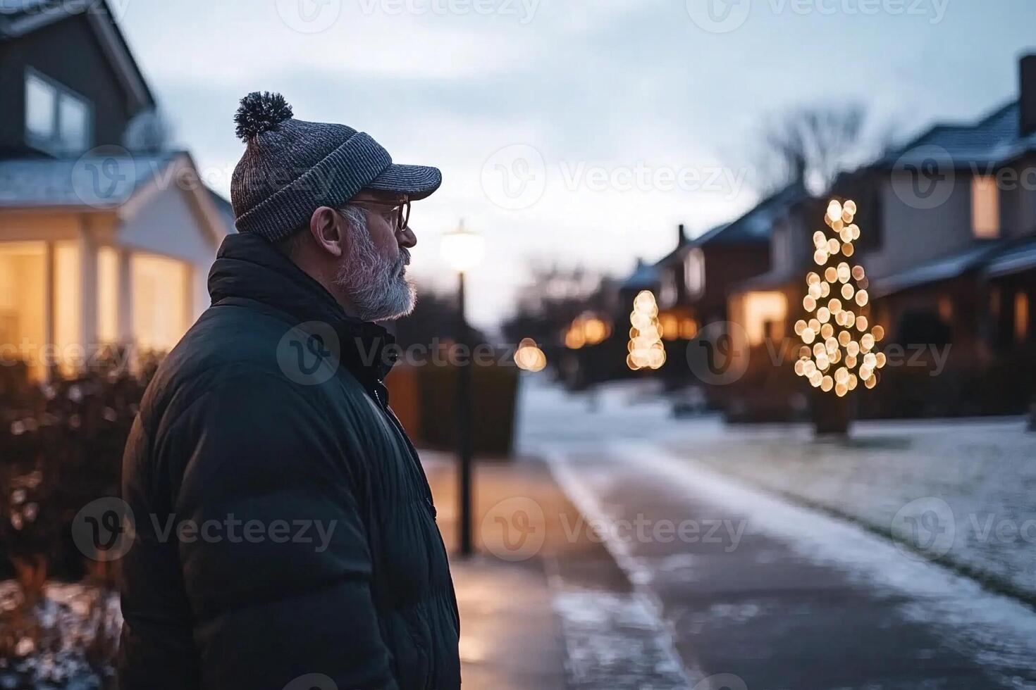 A man standing in front of a house with christmas lights photo