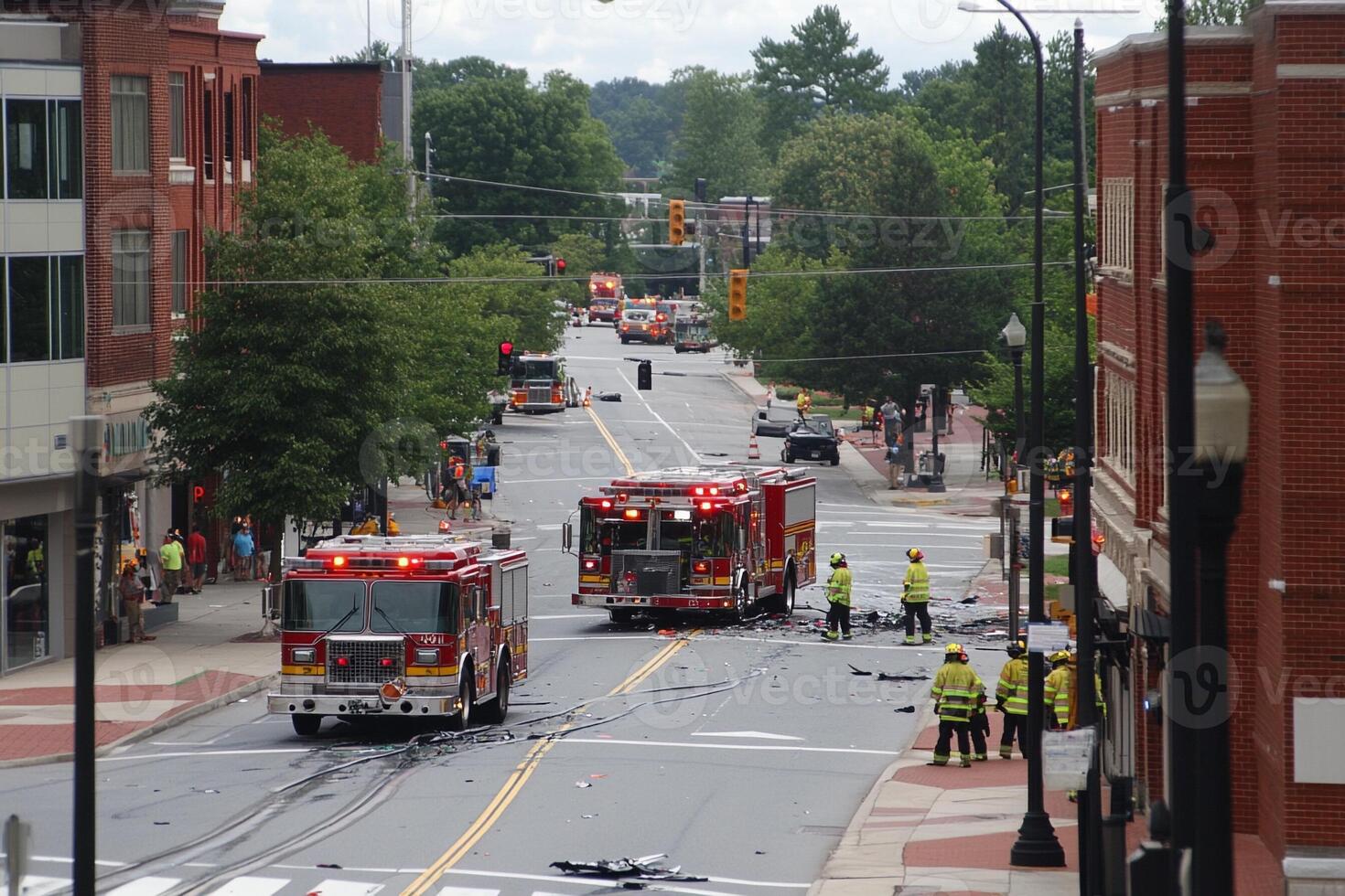 A street with fire trucks and ambulances on it photo