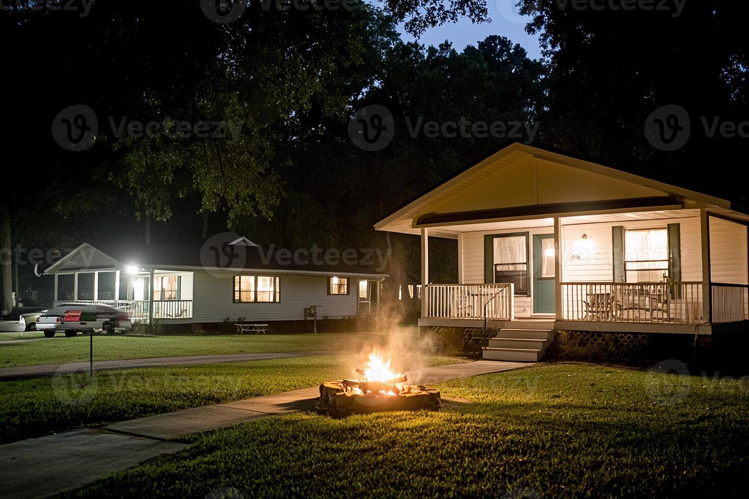 A fire pit in the grass next to a house photo