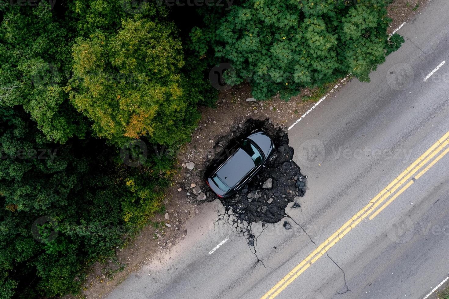 An aerial view of a car that is stuck in the middle of a road photo