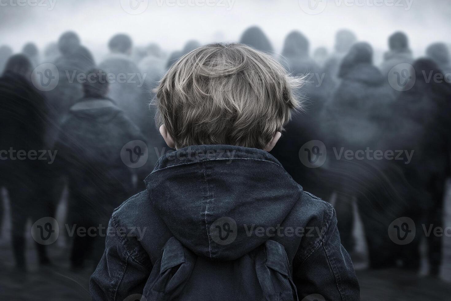A boy standing in front of a crowd of people photo