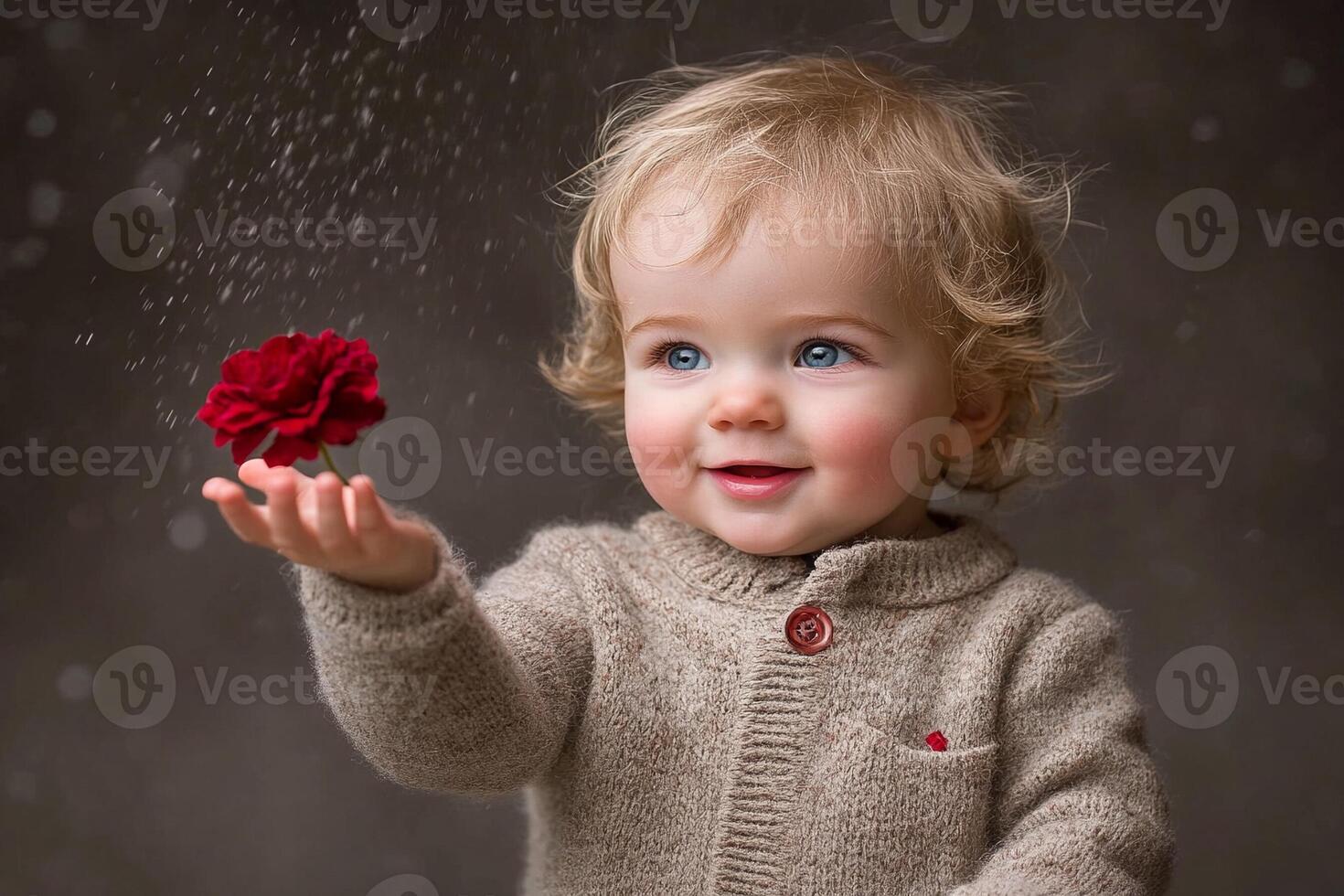 A baby is holding a red flower in the air photo