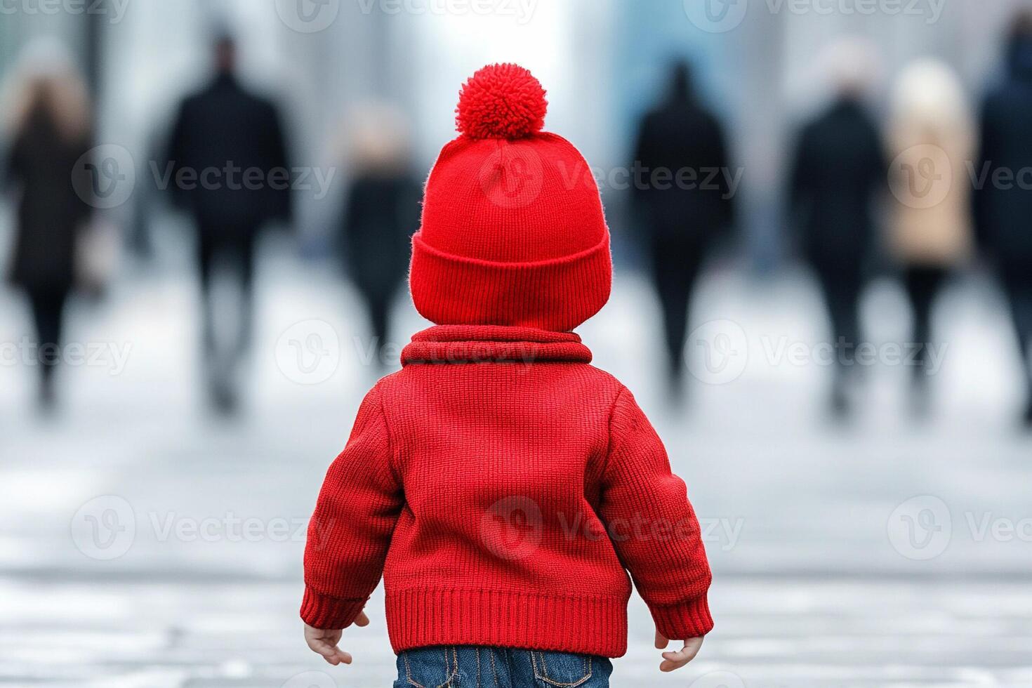 A small child wearing a red hat and a red coat photo