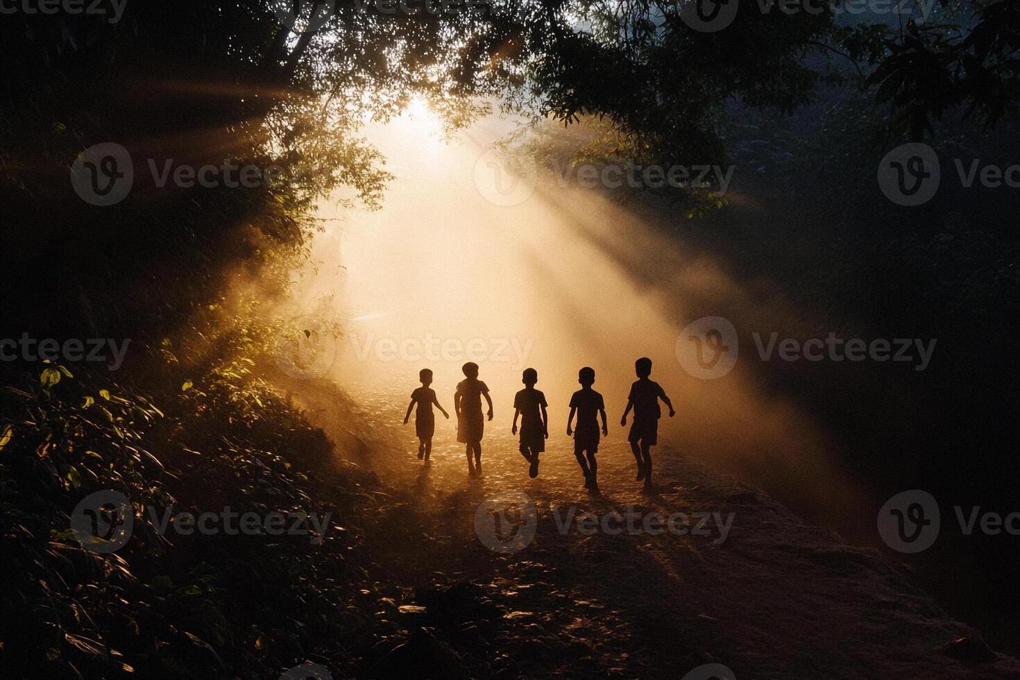Silhouettes of people walking in the woods at sunrise photo