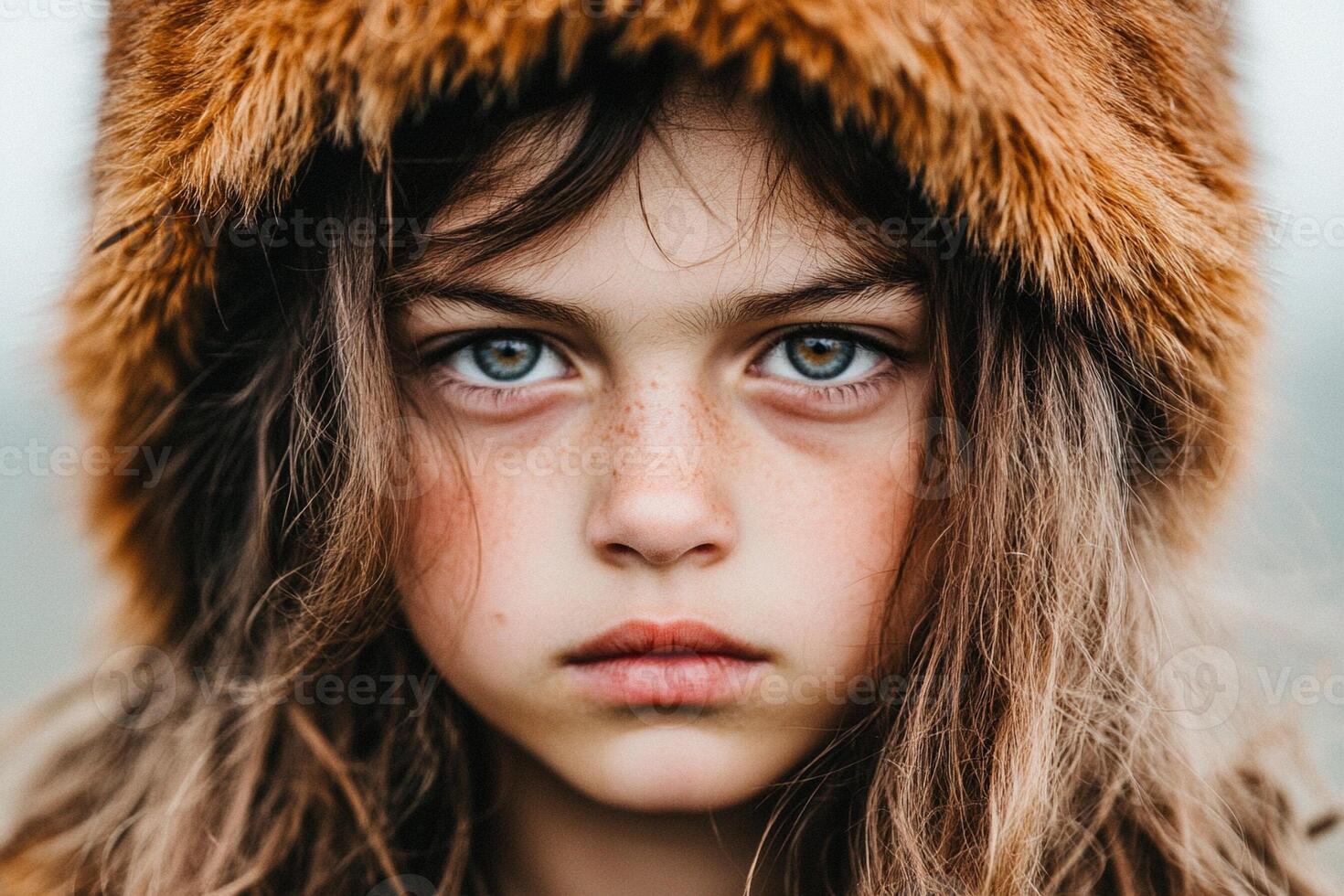 A young girl with blue eyes wearing a fur hat photo