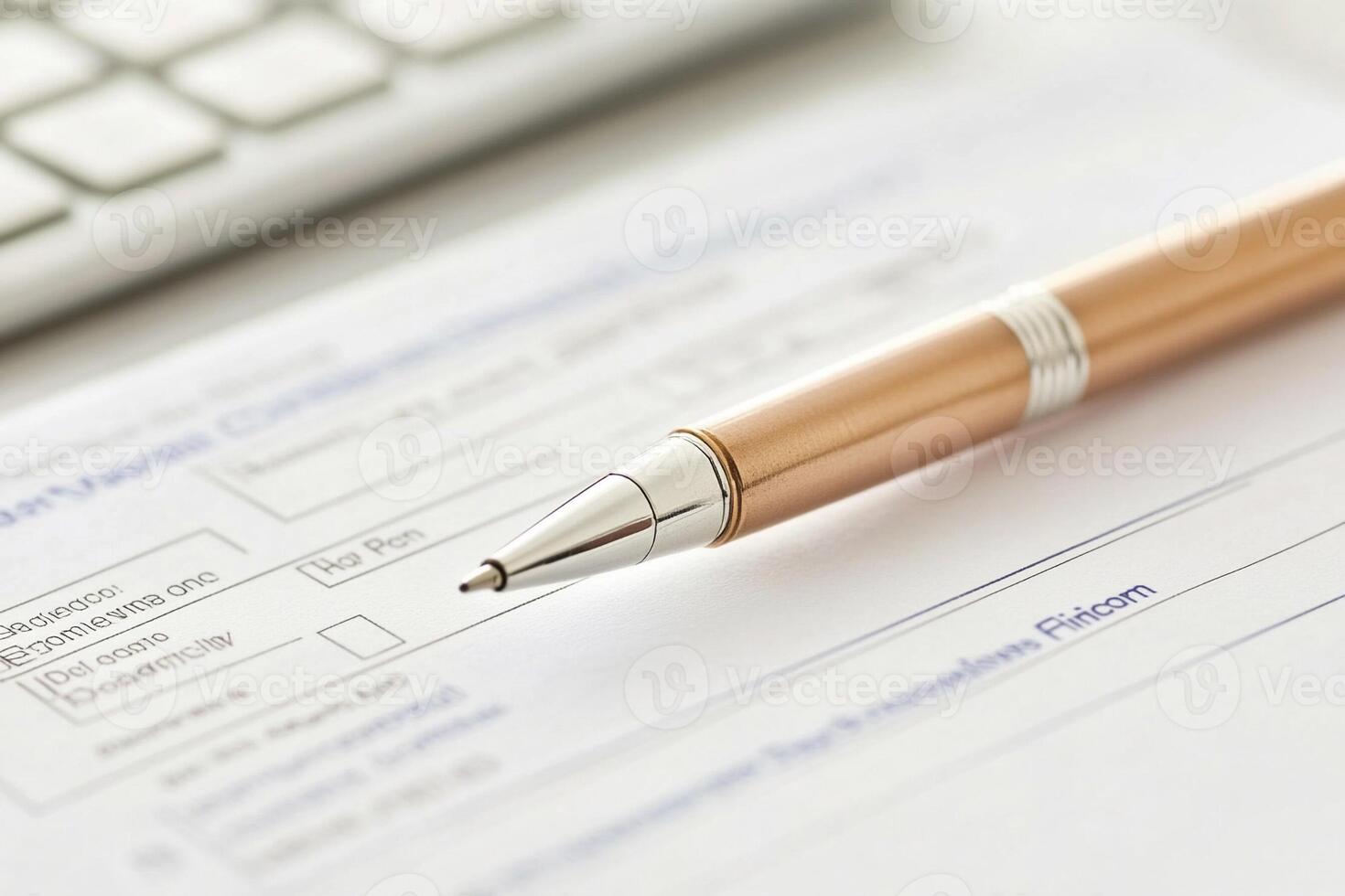 Pen on a paper with a check and a keyboard photo