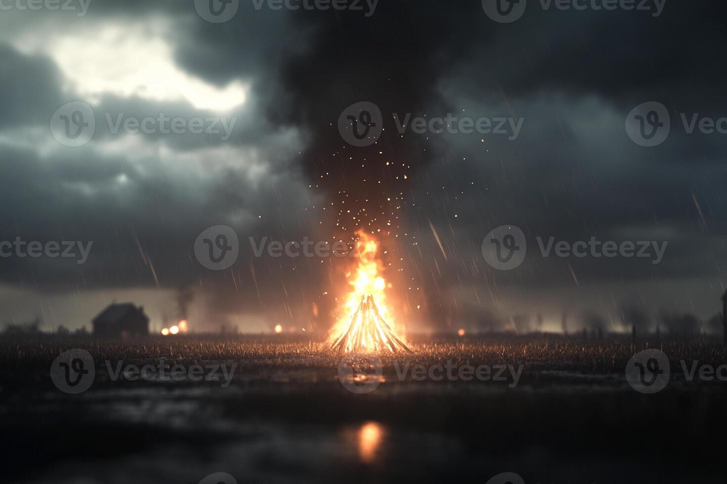 A fire is burning in the middle of a field photo