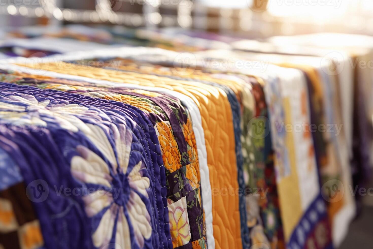 A row of colorful quilts on display photo