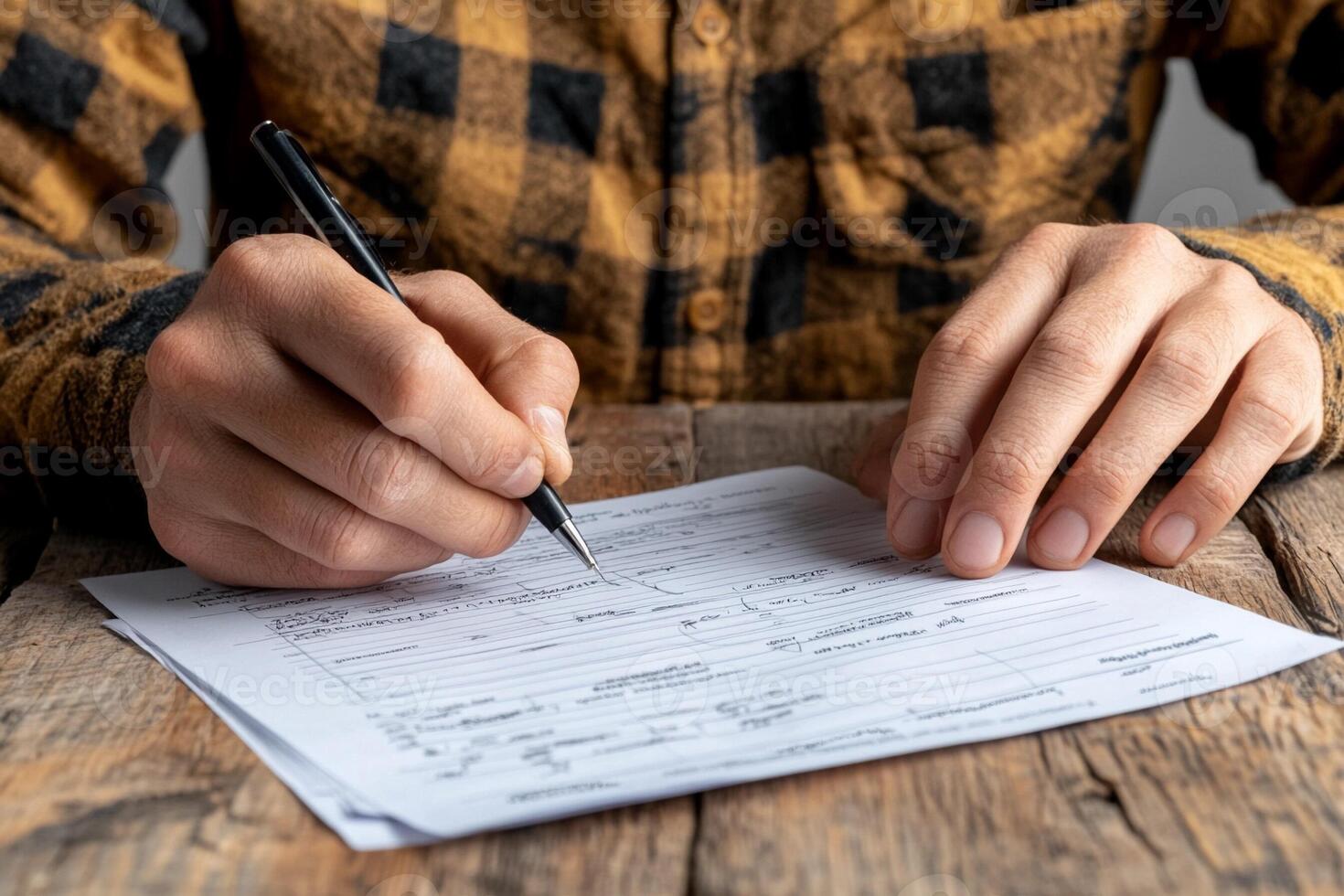 A man filling out a form with a pen on a wooden table photo