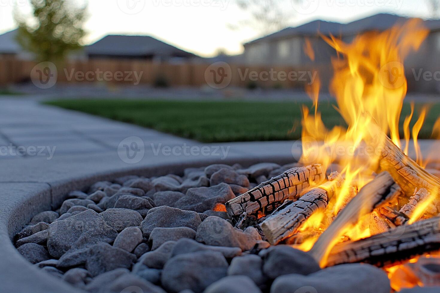 A fire pit with logs and rocks in it photo