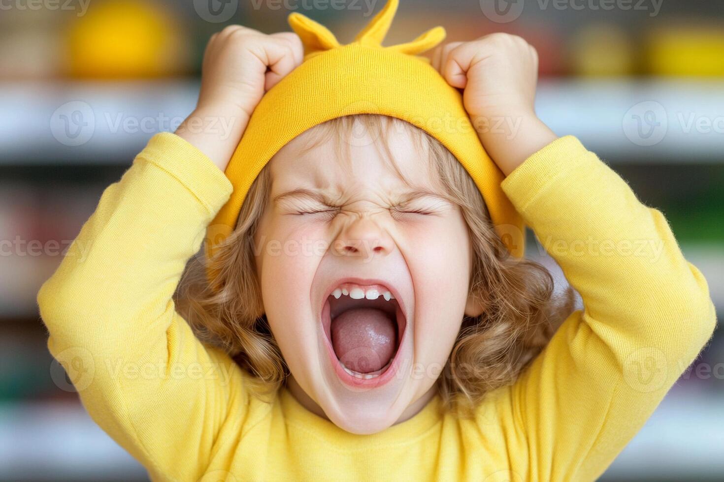 A young girl with a yellow hat on her head photo