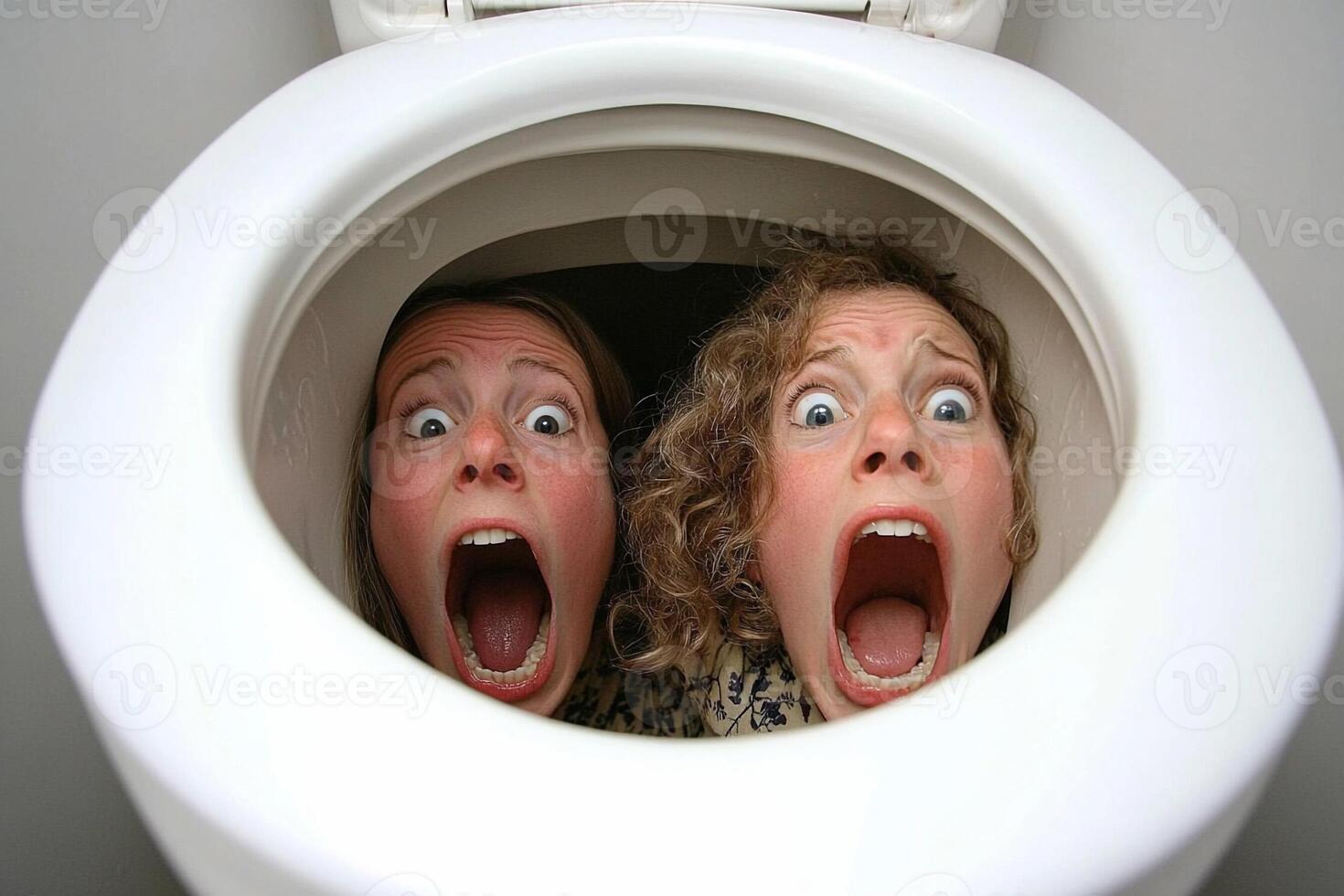 Two women are looking out of a toilet photo