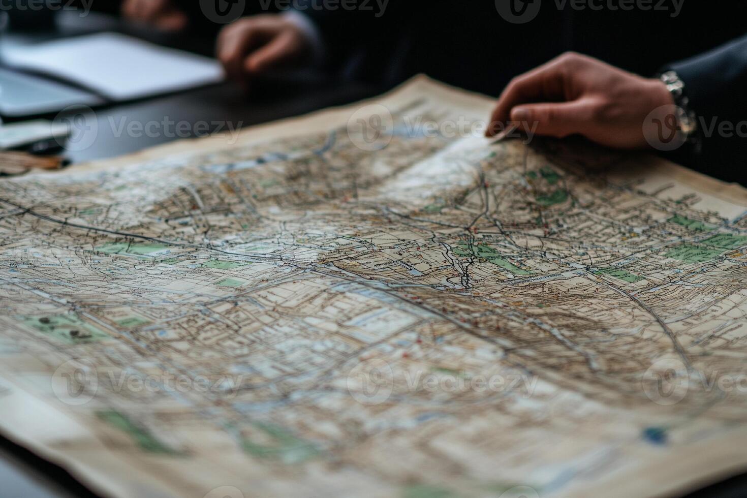 A person is pointing at a map on a table photo