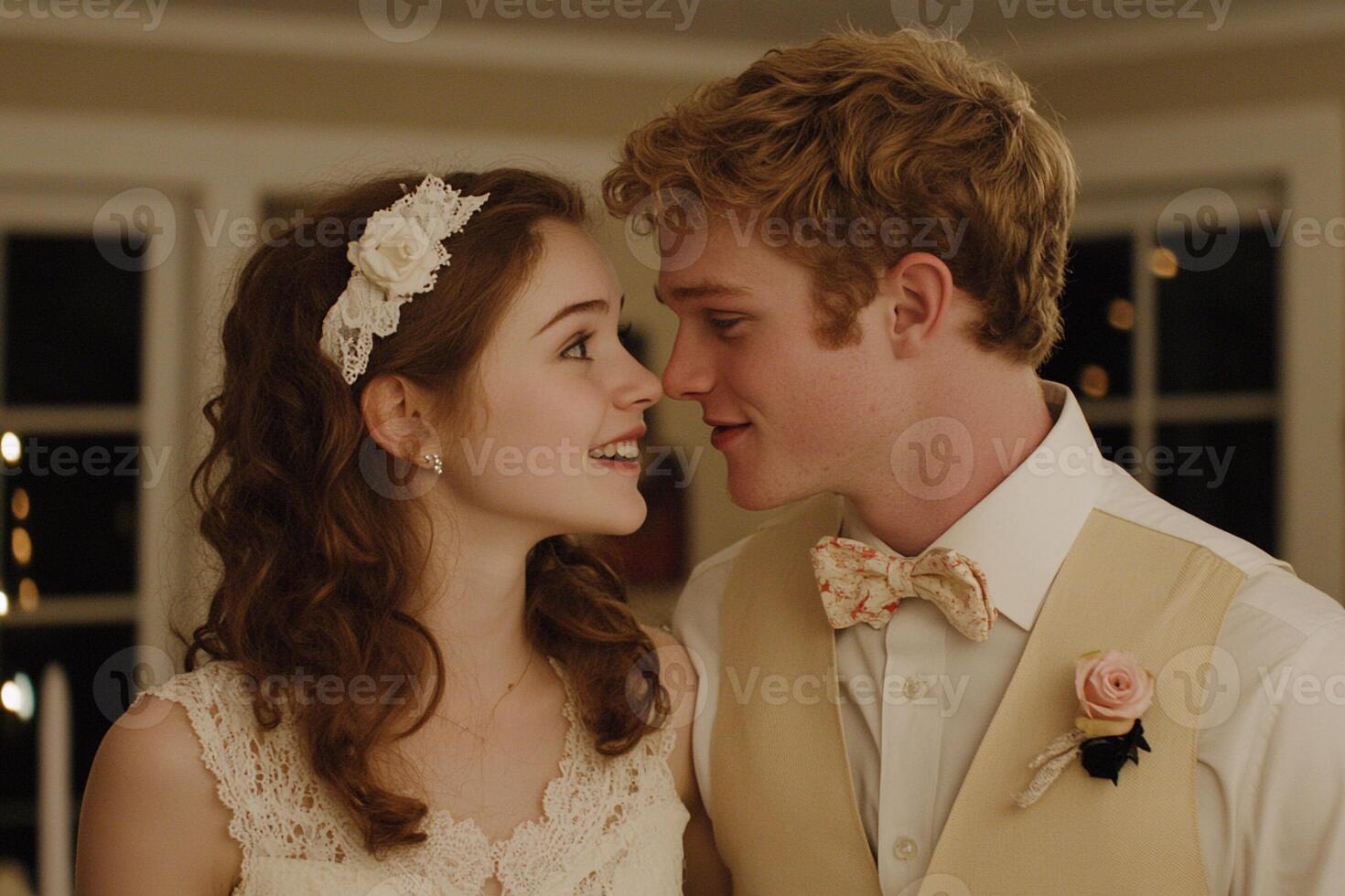 A young man and woman are standing together photo