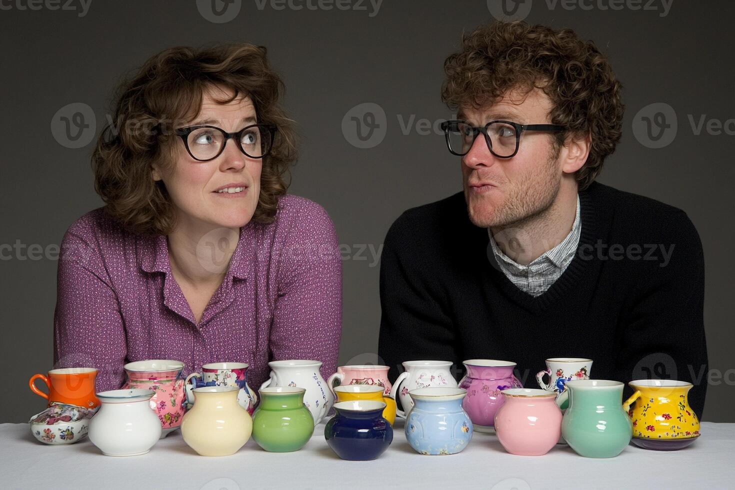 A man and woman sitting in front of a table with many different colored cups photo