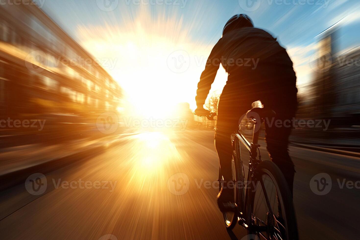 A person riding a bike on a city street photo