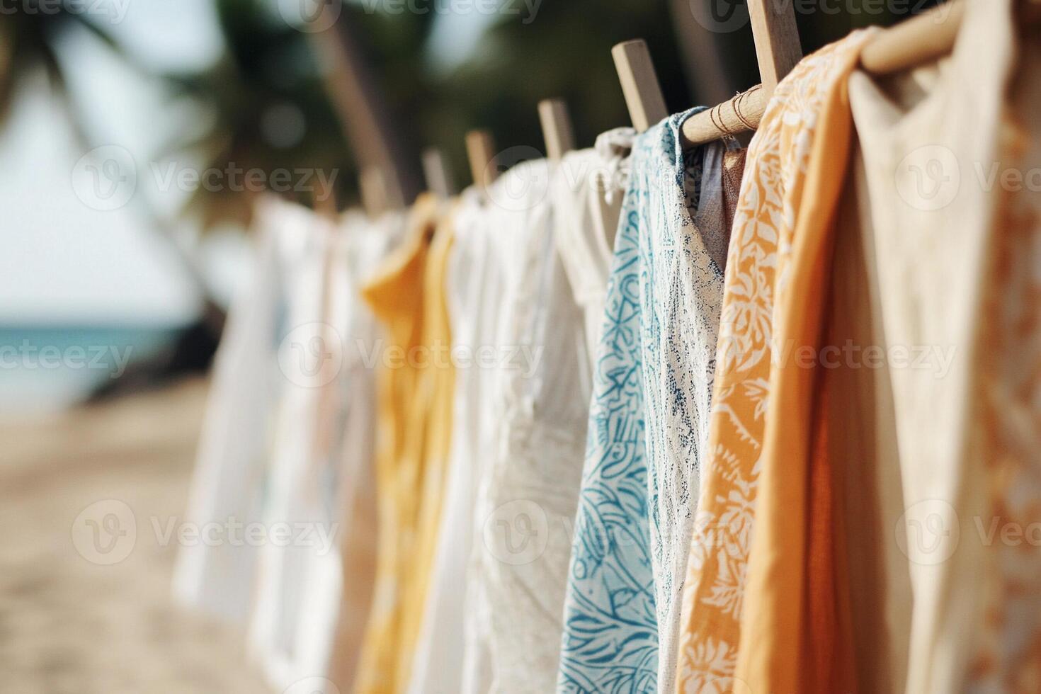 Clothes hanging on a clothesline on the beach photo