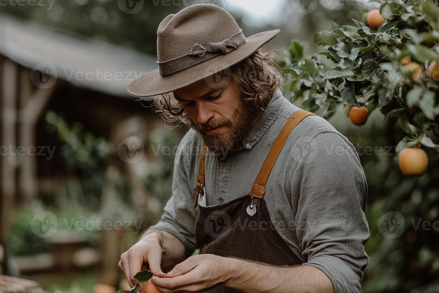 A man in a hat and overalls picking an orange photo