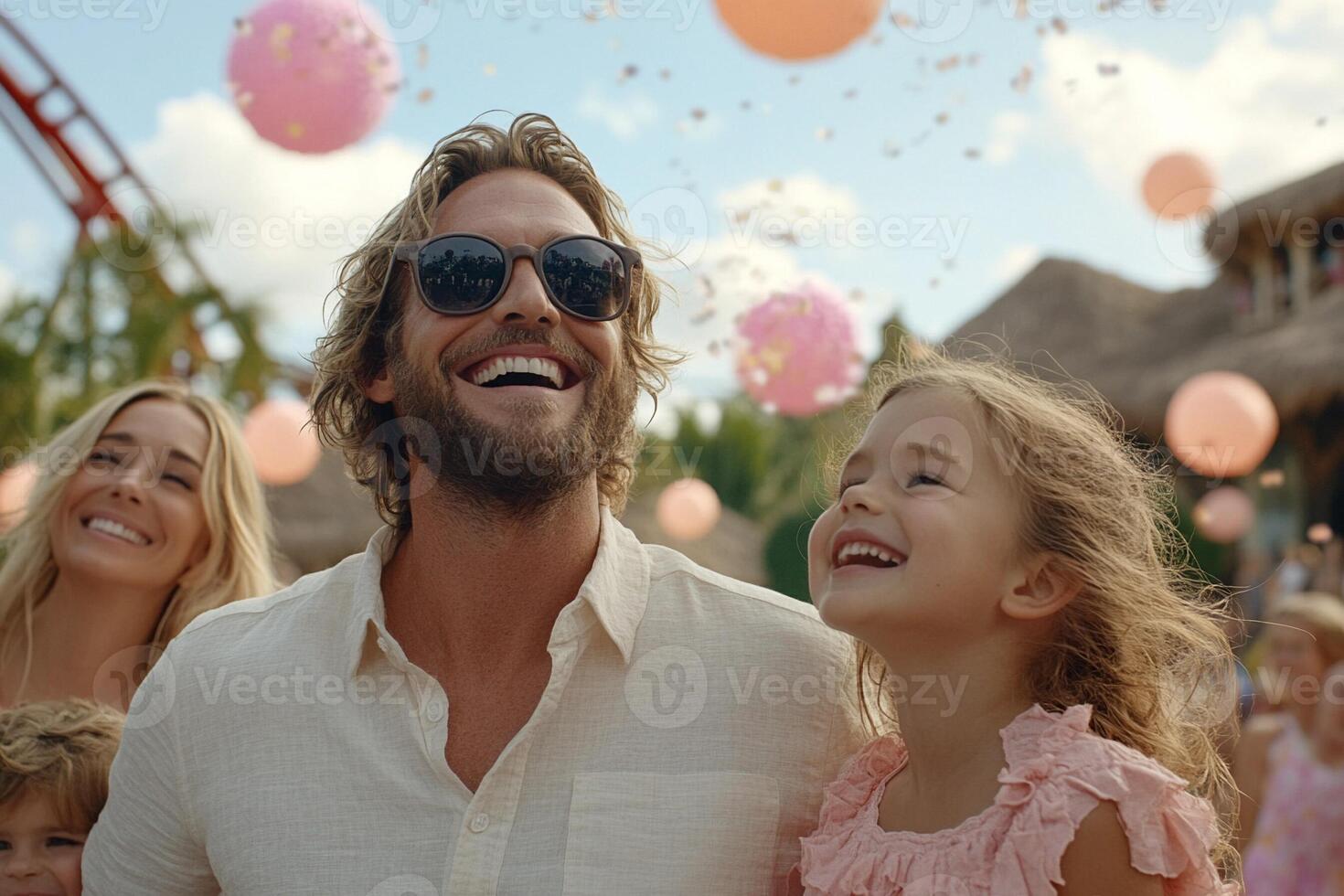 A man and two children are smiling while standing in front of balloons photo