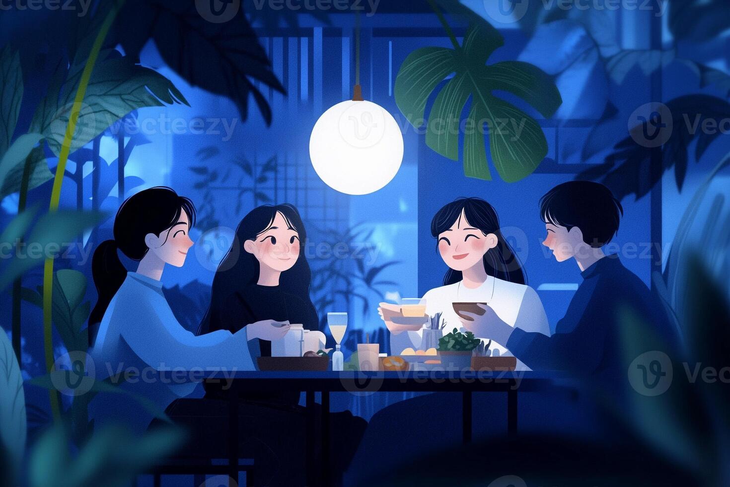 Three people sitting at a table in a restaurant at night photo