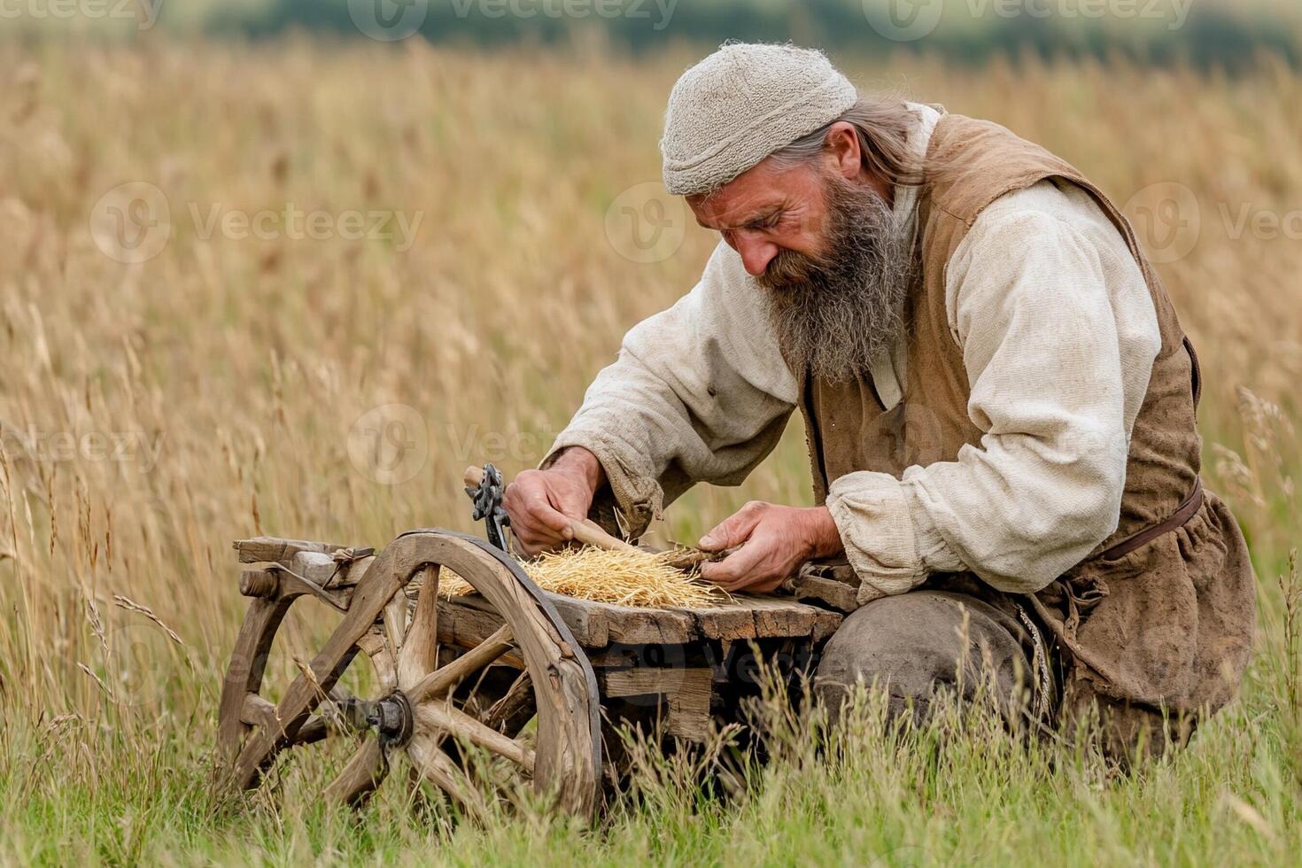 A man with a beard and beard is working on an old wheel photo